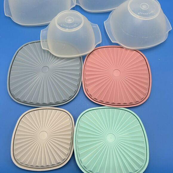 Vintage Tupperware Servalier Bowls Set 4 Sunburst Lid Seal Pink Aqua Almond Blue - Picture 8 of 16